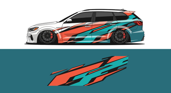 Vibrant custom sports car with teal and orange graphic livery featuring sleek race-inspired design and bold styling.