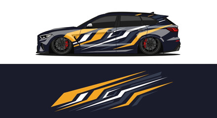 Obraz premium Stylized racing car graphic with bold orange, black, and white stripes on a dark background.