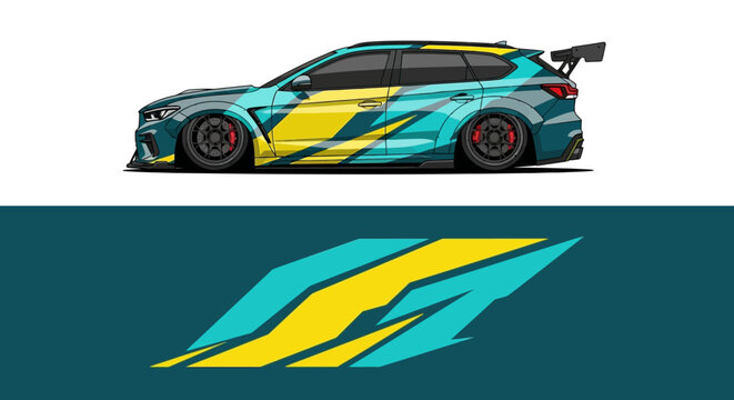 Vibrant Side View Racecar with Bold Graphic Branding and Sleek Teal Accents.