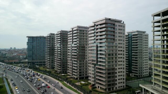 Istanbul/Turkey circa 2023: the "Pruva 34" residence buildings, fly up shot