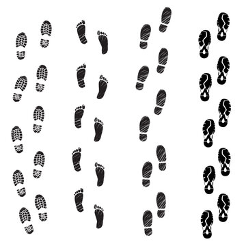 Collection of different shoe and foot tracks including mountain boots, barefoot prints, business shoes, and sneakers
