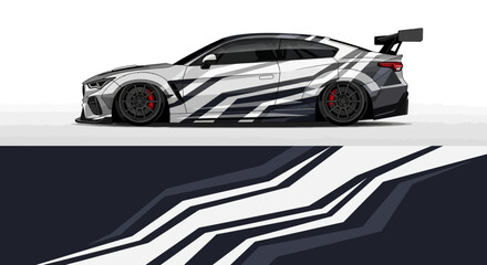 Obraz premium High Performance Sports Car with Dynamic White and Black Graphic Wrap.