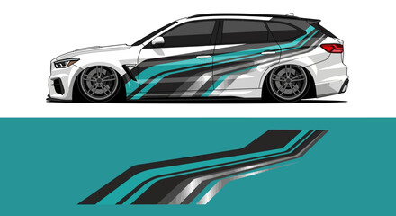 Naklejka premium Stylish white race car with teal racing stripes and sleek graphic background.