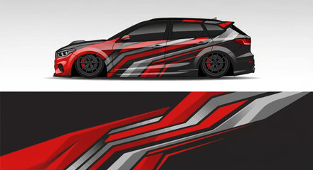 Obraz premium High speed red and black race car with dynamic geometric graphics and racing livery.
