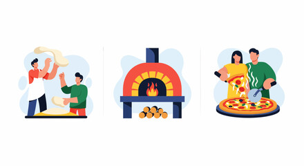 Obraz premium Artisanal pizza making process from kneading dough to baking in wood fired oven and serving fresh slices
