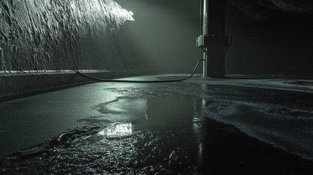 Gloomy underground area featuring a concrete wall with water flowing down, forming eerie puddles on the floor, reflecting light from above and an industrial pipe