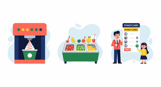 Dessert shop loyalty program with ice cream machine fruit bar girl man buy treat get free gift now