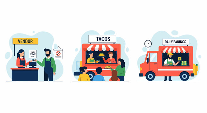 Flat food truck set with shop vendor and man buy taco at a cafe stand