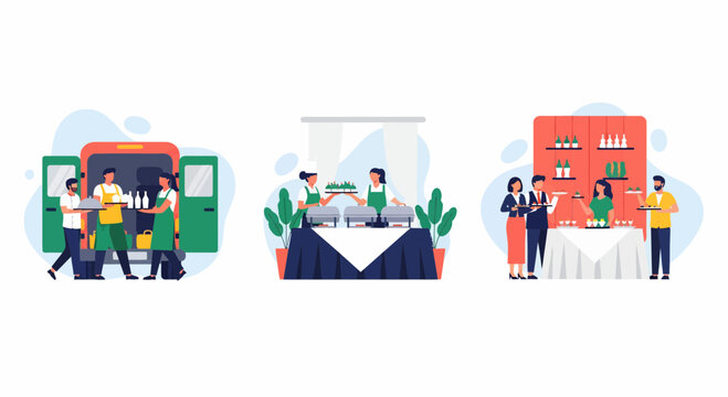 Catering team at work to prep food for a party in a van to serve guest