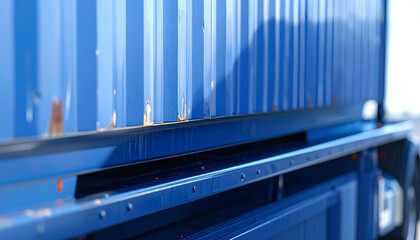 Fototapeta premium Shipping Container Closeup: A striking close-up of a vibrant blue shipping container, its corrugated texture and industrial design a symbol of global trade and logistics. 