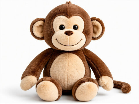 A plush monkey toy sits on a smooth surface with a cheerful expression, creating a fun and inviting atmosphere for children and adults