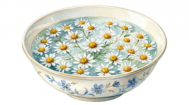 Bowl filled with daisies floating in water with blue patterns  