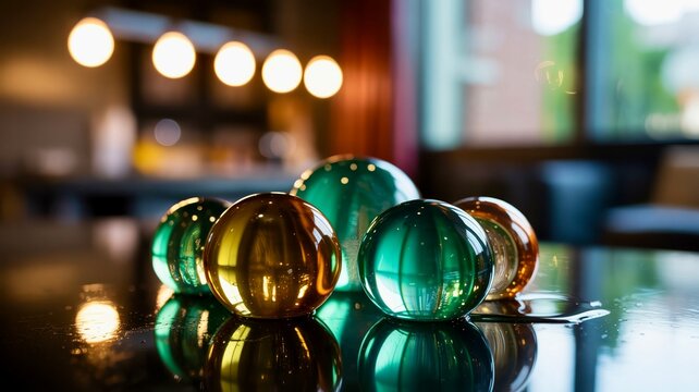 Colorful glass spheres arranged on a table near a window in a softly lit room during the evening blurred background