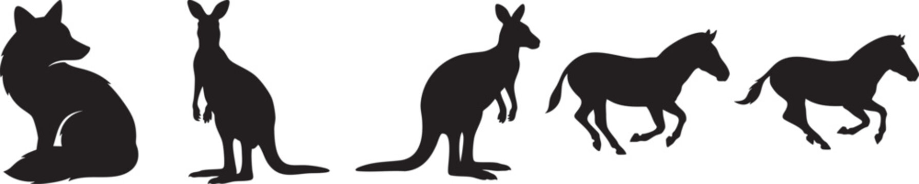 Silhouette of fox kangaroo zebra and horse for animal and wildlife representation.