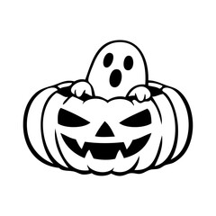 Logotipo con dibujo minimalista de un fantasma, asomando del interior de una calabaza tallada de Halloween, para su uso en felicitaciones y tarjetas © teracreonte