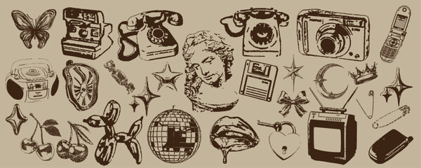 Y2K retro grunge aesthetic doodle element set featuring disco ball, old telephone, balloon dog, butterfly and celestial stars hand-drawn illustration © Thuong