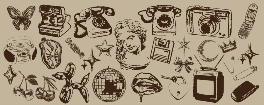 Y2K retro grunge aesthetic doodle element set featuring disco ball, old telephone, balloon dog, butterfly and celestial stars hand-drawn illustration