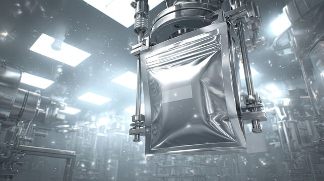 Automated industrial packaging machine filling silver pouch