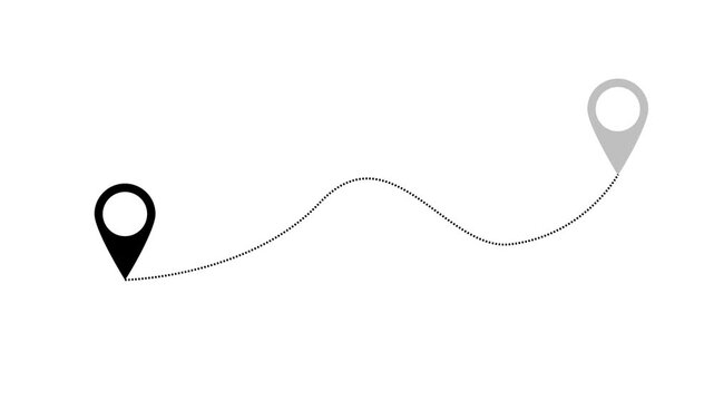 Minimalist animation of a location route with directional markers on black background, location pin, and dotted travel line for navigation, journey, and direction.