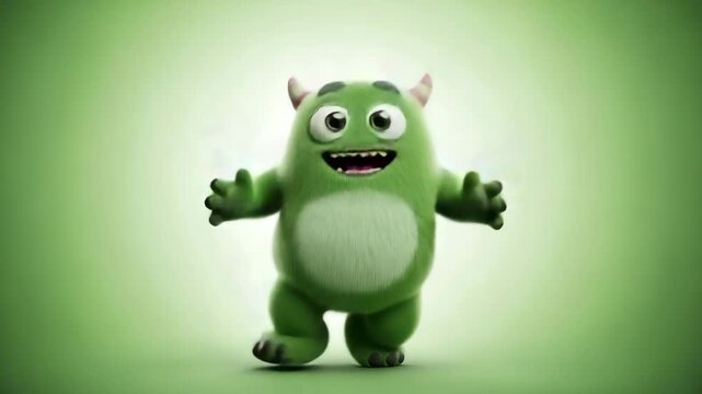Happy Green Monster Character Jumping