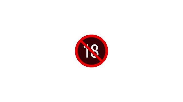 18 plus age restriction sign animation featuring a red prohibition circle and white text , warning against unsuitable content for minors. legal age limit sign with glowing red circle.
