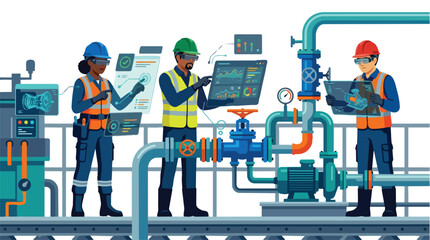Fototapeta premium Diverse Industrial Workers Monitoring Oil and Gas Pipeline Systems with Digital Technology and Safety Equipment