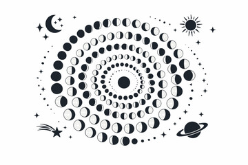 Lunar Hemisphere Spiral Moon Phase Calendar for 2026, Astronomy and Astrology Celestial Design with Sun, Stars, Saturn, and Comet, Mystical Esoteric Vector Illustration for Poster or Planner © Tushal