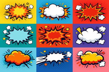Retro pop art comic book speech bubbles and explosion clouds set with halftone dot backgrounds. Vibrant vintage onomatopoeia frames for creative graphic design, stickers, and comic illustrations. © Tushal