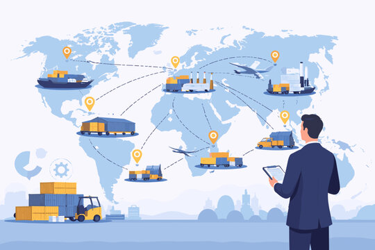 Global Supply Chain Management Concept with Professional Businessman Monitoring International Logistics, Shipping Routes, Cargo Transport, and Distribution Hubs on a World Map Vector Illustration.