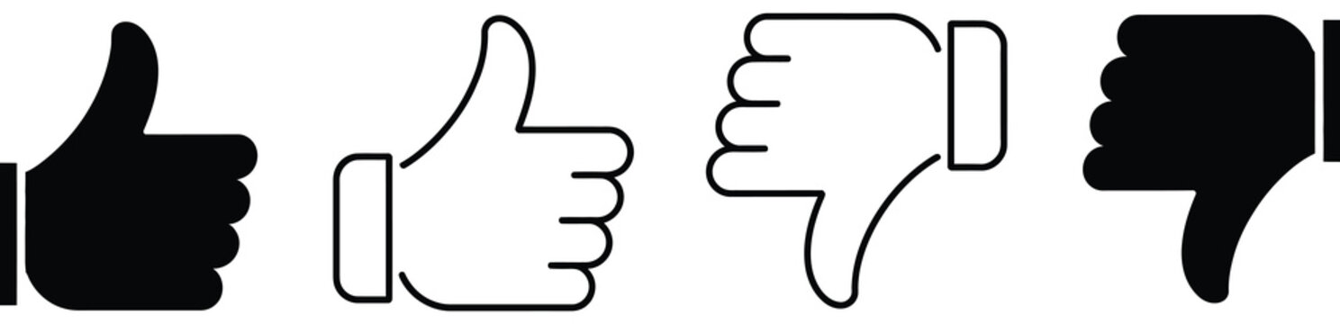 Set of like icons, up and down thumbs symbols for approval and disapproval, rating and feedback indicators, clean modern vector illustration for UI and apps.