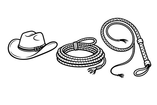Hand Drawn Line Art Western Gear Set Featuring a Cowboy Hat Coiled Lasso and Whip for Rodeo or Adventure Themes. Vintage Wild West Equipment Illustration Isolated on White Background.