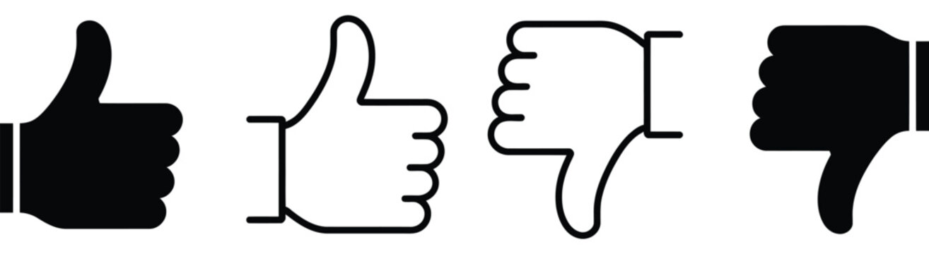 Thumbs up and thumbs down icon collection, like and dislike feedback symbols, rating and evaluation icons, simple modern vector design for digital interfaces.
