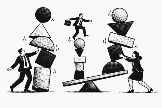 Business Professionals Balancing Unstable Stacks of Geometric Shapes on a Seesaw. Concept of Risk Management, Teamwork, and Precarious Equilibrium in a Minimalist Halftone Vector Illustration.