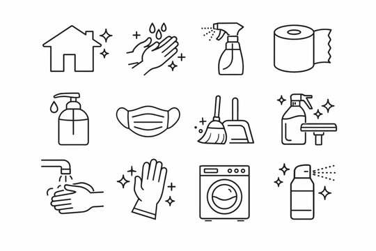 Hygiene and Cleaning Icon Set with Hand Washing, Face Mask, Sanitizer, Spray Bottle, Washing Machine, and Household Disinfection Tools in Minimalist Outline Style Vector Illustration.