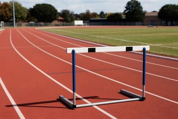 Fototapeta premium Red running track and hurdle awaits athlete. Sport stadium has lanes for races. Outdoor field for track and field competition. Athletic training and exercise venue.
