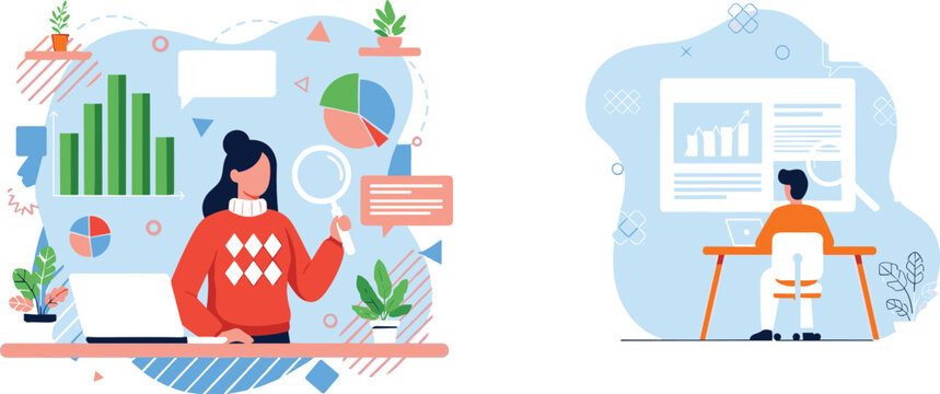 Data analysis and business analytics vector illustration with charts, reports, dashboard monitoring and office work productivity concept