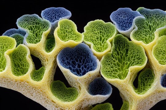Macro shot of bioluminescent organic surface with glowing green and blue nodes resembling a healthy cellular network or mycelium in deep shadows.