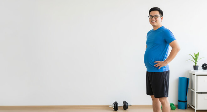 Confident Overweight Sporty Attractive Man Posing Post Workout With Hands On Hips, Smiling Happily