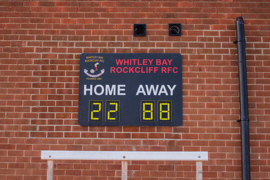 Whitley Bay Monkseaton UK: 16th Aug 2025: Scoreboard at Whitley Bay Rockcliff RFC shows points for home team and away team. A rugby match score