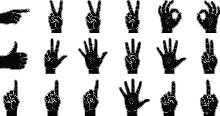 Fototapeta premium Hand Gesture Silhouette Vector Set with Fingers Counting Signs Thumbs Up Peace Symbol OK Sign and Communication Icons Collection