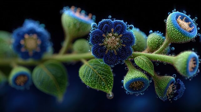 Macro shot of bioluminescent organic surface with glowing green and blue nodes resembling a healthy cellular network or mycelium in deep shadows.