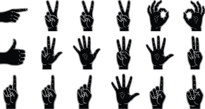 Hand Gesture Silhouette Vector Set with Fingers Counting Signs Thumbs Up Peace Symbol OK Sign and Communication Icons Collection