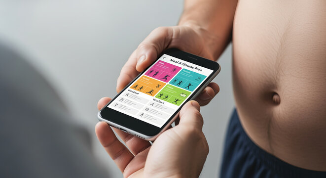 Overweight Person Holding A Cellphone While Displaying A Meal And Fitness Plan With Smartwatch