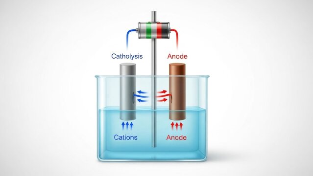 Electrolysis experiment illustration with ions moving towards electrodes in beaker, science concept