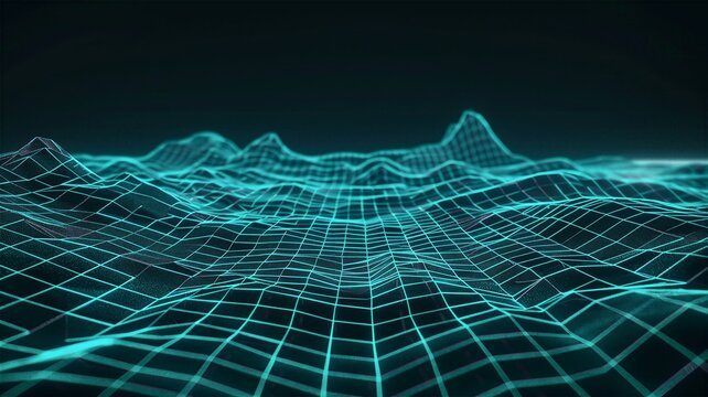 Digital blue topographic grid mountains in cyberspace. Perfect for artificial intelligence concept poster, gaming wallpaper, or technology network banner.
