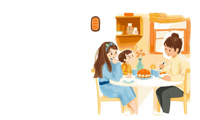 Fototapeta premium Soft watercolor illustration of a family enjoying breakfast together in a cozy kitchen with warm colors, simple composition, and a peaceful hand-painted morning atmosphere capturing togetherness, comf
