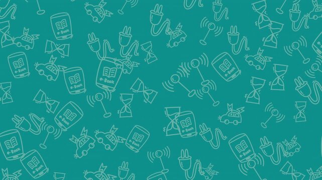Seamless technology doodle pattern animation featuring electric car, plug, signal, hourglass and e-book icons on green background. Perfect for innovation, energy and digital themes.