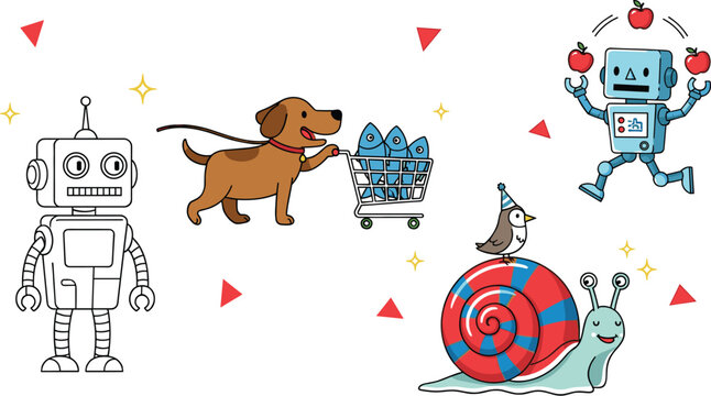 Cute Cartoon Doodle Character Set Featuring Robot Dog Snail Bird and Funny Elements in Hand Drawn Style for Kids Design, Stickers, and Playful Illustrations