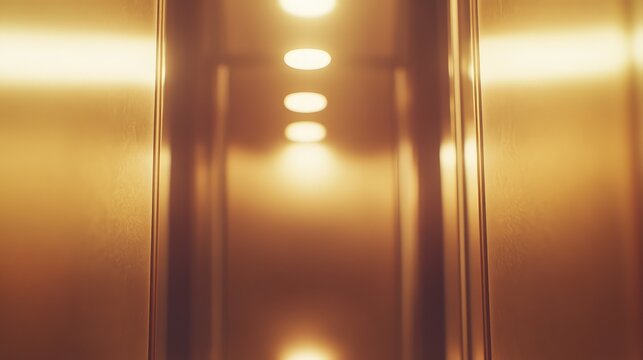 Golden elevator walls reflecting soft, glowing bokeh lights, blurred metallic perspective suggesting movement, luxury interior corridor and sleek modern architecture ambiance