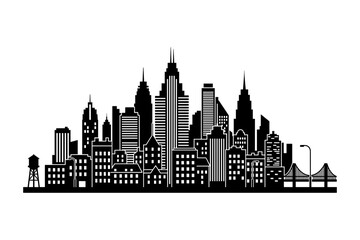 Fototapeta premium Modern city skyline silhouette with diverse architecture and a bridge